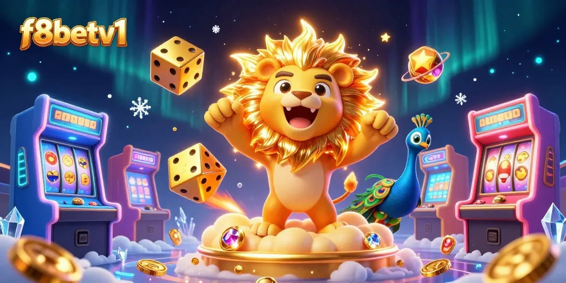 Witness the fun at f8betv1 with a dynamic 3D illustration featuring vibrant casino elements and gaming excitement.