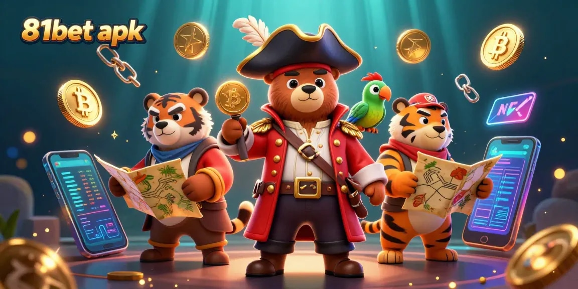 Engage with 81bet apk in this vibrant 3D scene showcasing a pirate captain bear and a tiger first mate surrounded by cryptocurrencies and gaming elements.