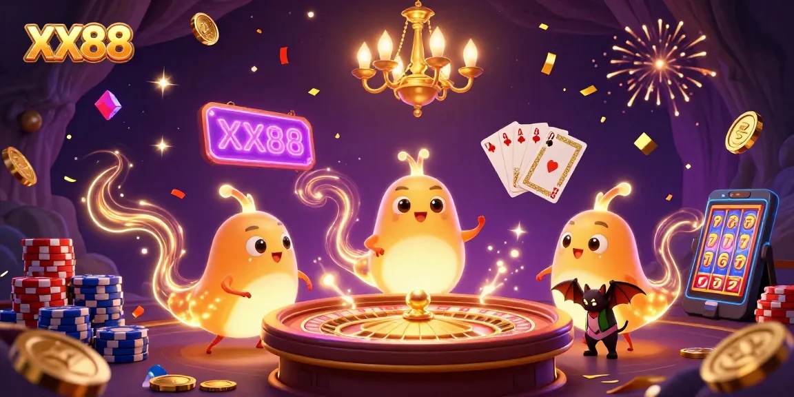 Experience the thrill of XX88 with a magical cave casino, illuminated by animated glowworms and sparkling treasures.