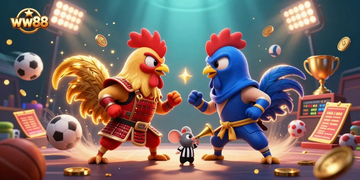 Engage in action at ww88 with a thrilling 3D rooster duel amid dynamic sports elements.