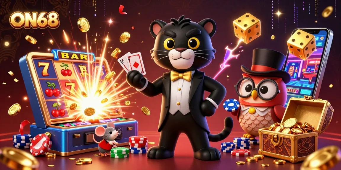 Join the action at ON68 with a stylish panther dealer and lucky casino elements.