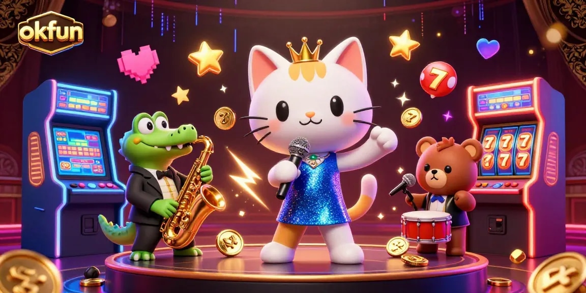 Engage with okfun's exhilarating games in a vibrant 3D casino scene featuring lively characters.