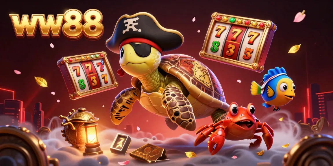 Immerse in the world of ww88, featuring a treasure map-tattooed turtle amid floating slot machine elements.