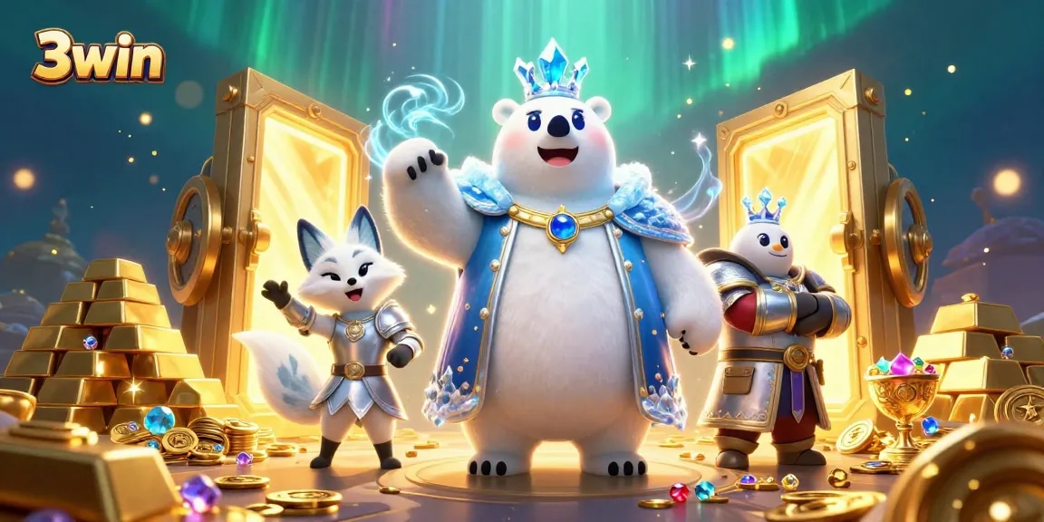 Experience thrilling wins with 3win in a vibrant casino-themed illustration featuring majestic characters.