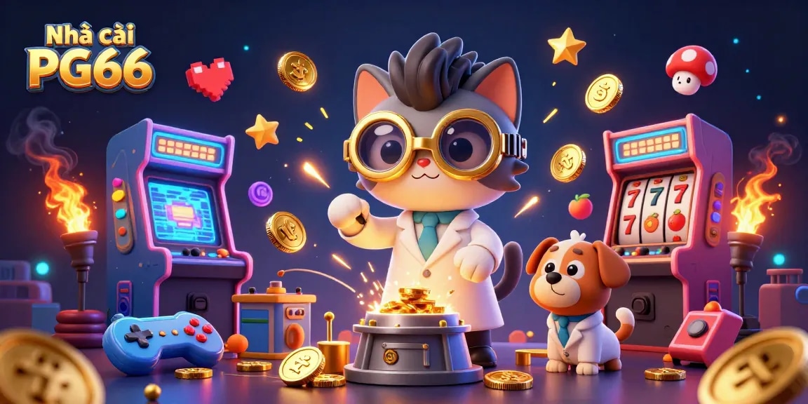 Engage with Nhà cái PG66 in a vibrant 3D casino where golden bubbles and playful characters create a winning atmosphere.