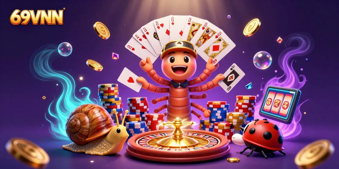 Experience thrilling 69VNN gaming action with unique characters and vibrant casino elements in this dynamic illustration.