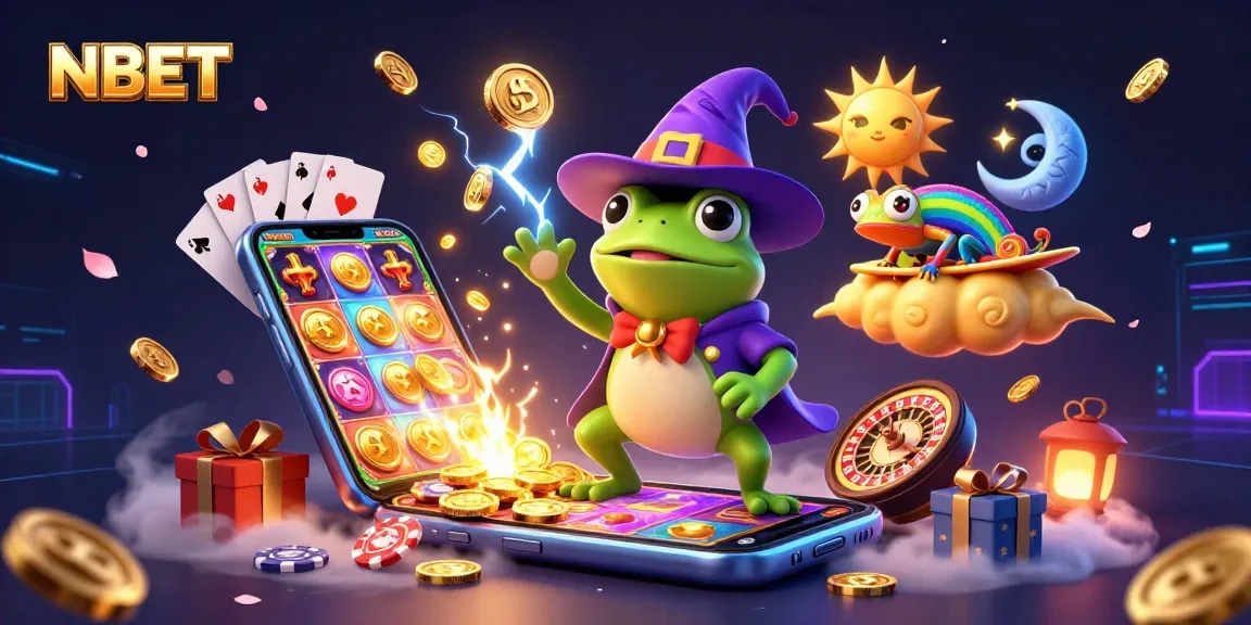 Experience the thrill of NBET with a festive gambling scene featuring golden coins, a wizard frog, and vibrant games.