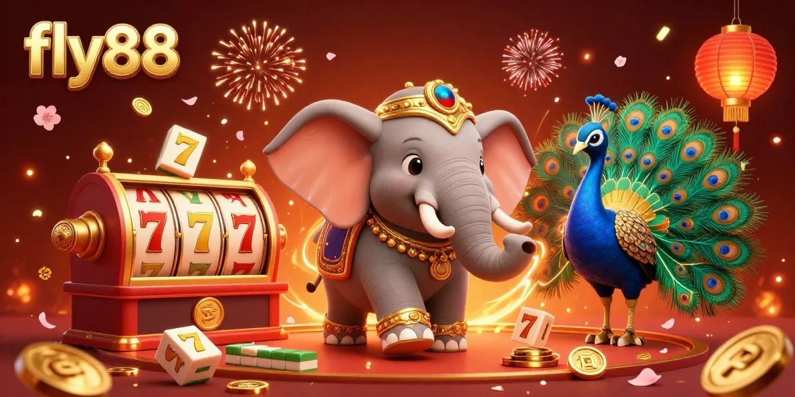 Experience thrilling wins at fly88 with a vibrant casino illustration featuring a Diwali elephant surrounded by dazzling game elements.