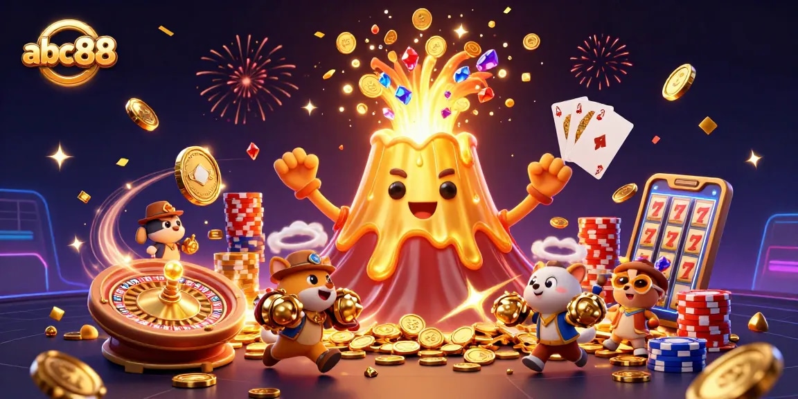 Experience thrilling wins at abc88 with a dazzling volcano showering coins and treasures in a vibrant casino scene.