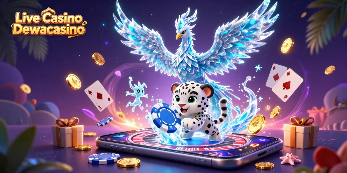 Live Casino Dewacasino showcases an enchanting scene with a snow leopard cub, poker chips, and colorful casino elements.