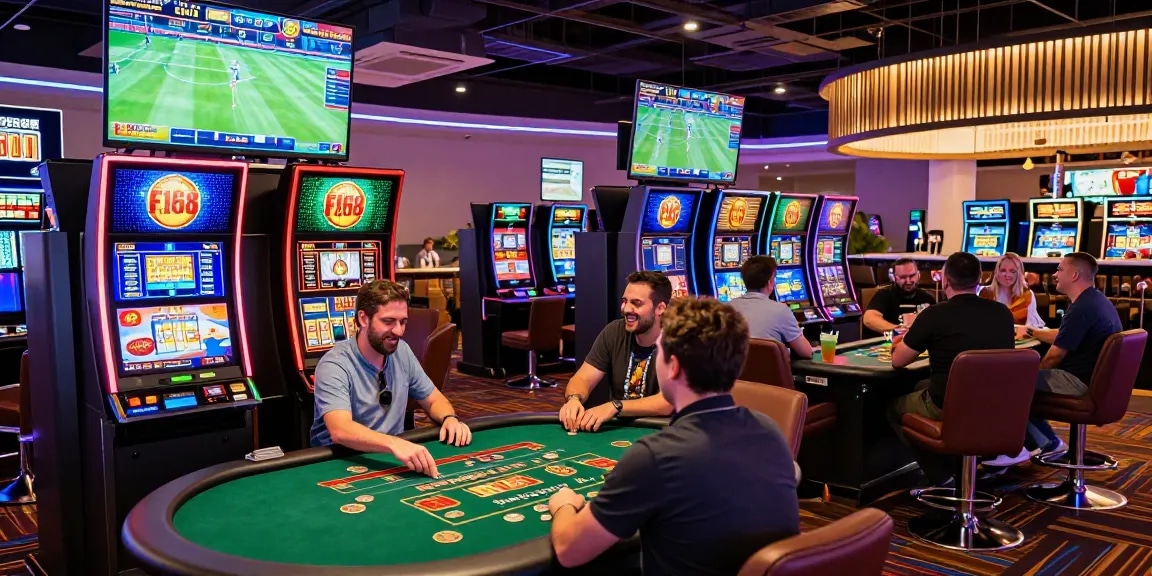 Player immersed in vibrant gaming experience at F168 COM casino, showcasing diverse gaming options and lively atmosphere.