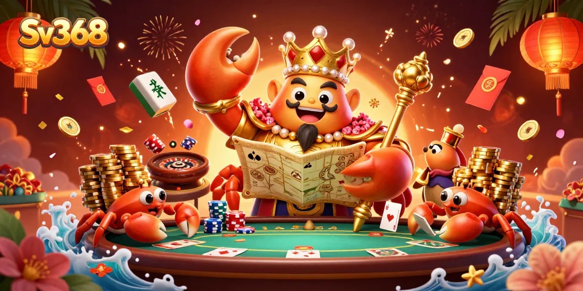 Experience thrilling gameplay at Sv368 with a golden crab emperor and vibrant casino elements.