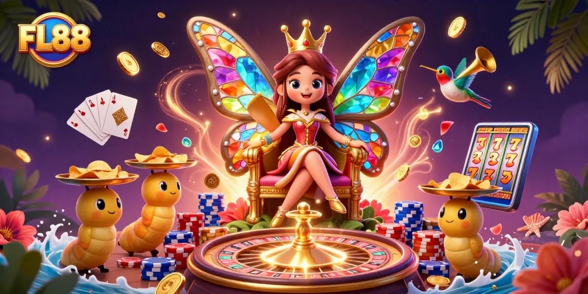 FL88 brings excitement with colorful gaming elements and characters in a vibrant online casino scene.
