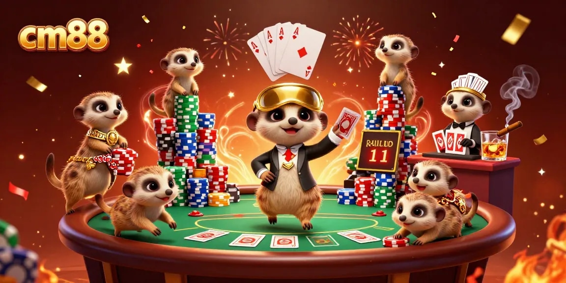Experience excitement with cm88 in a vibrant casino scene featuring lively meerkats and poker elements.