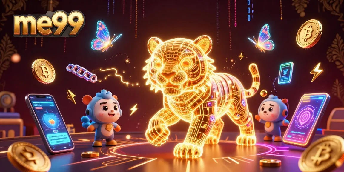 Experience the thrill of me99 with a neon-wireframe tiger in a vibrant digital casino.