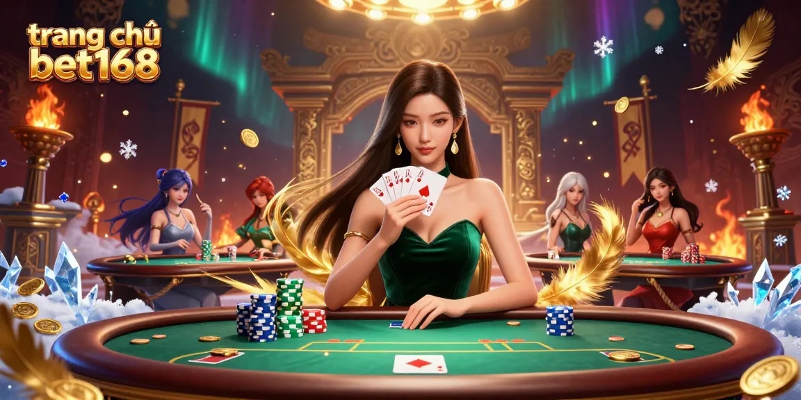 Engage in poker action at trang chủ bet168 with a stunning Asian dealer in an elegant casino setting.