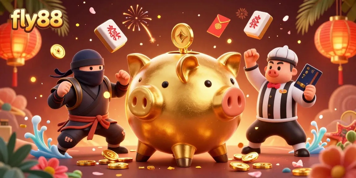 Experience the excitement of fly88 with dynamic casino action featuring iconic characters, vibrant decorations, and lucky symbols.