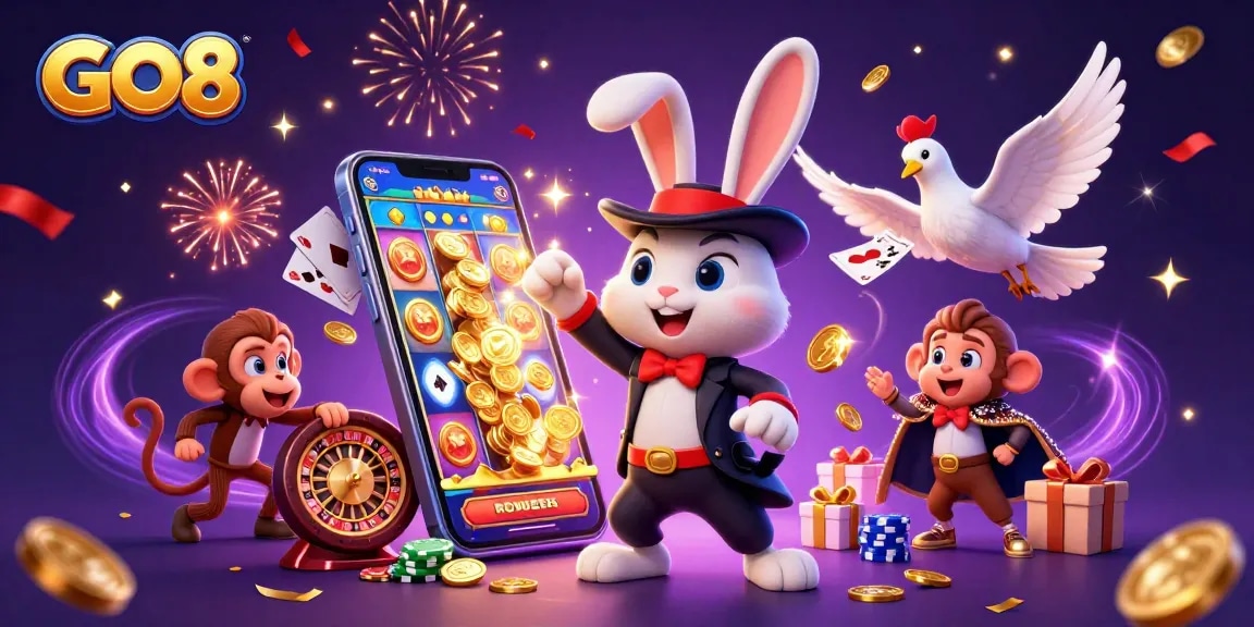 Experience excitement at GO8 with a magician rabbit, casino games, and joyful characters in a vibrant 3D illustration.