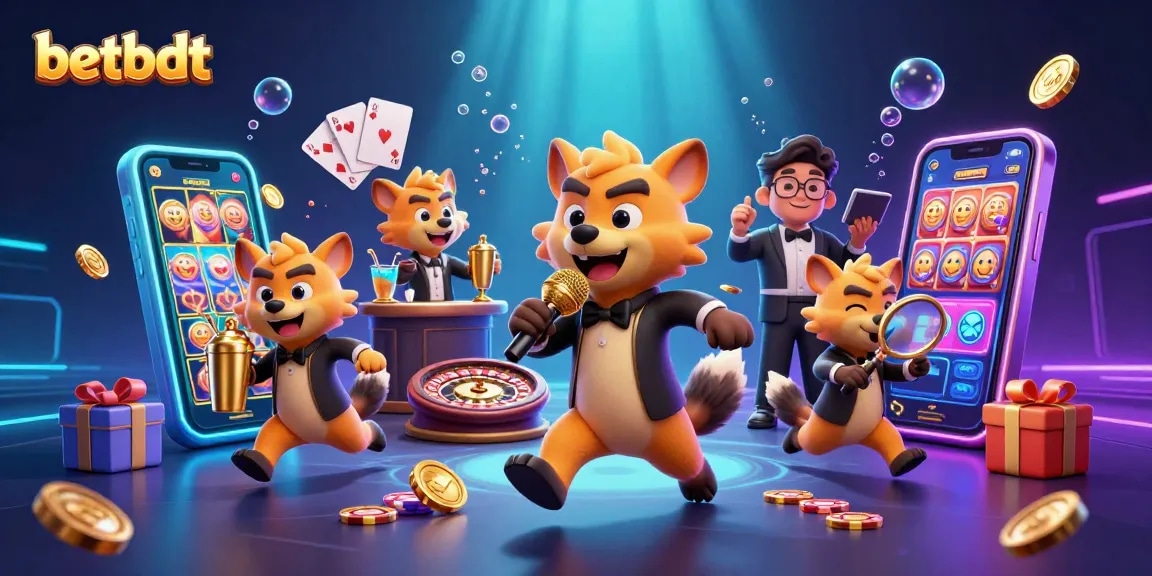 Experience the lively atmosphere at betbdt with hyenas in a casino scene featuring games and jokes.