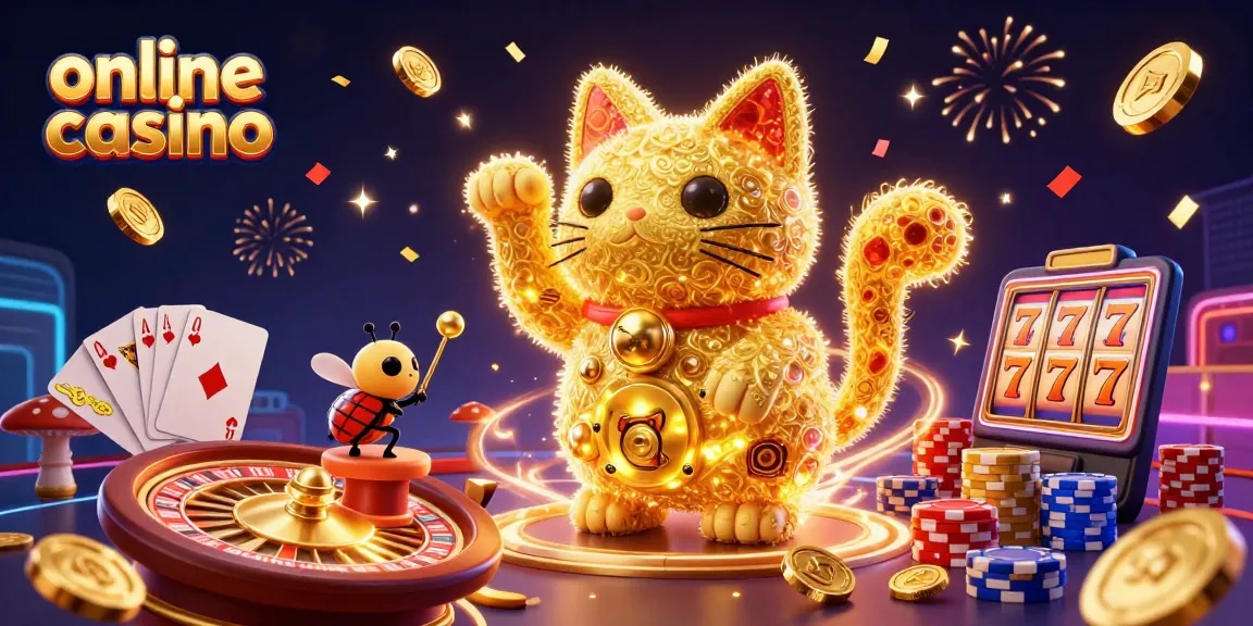 Experience the excitement of an online casino with a dynamic 3D illustration featuring a lucky cat and casino elements.