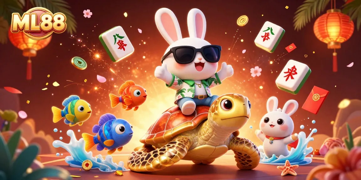 Experience thrilling gaming at ML88 with a lucky rabbit and golden sea turtle in a vibrant casino-themed scene.