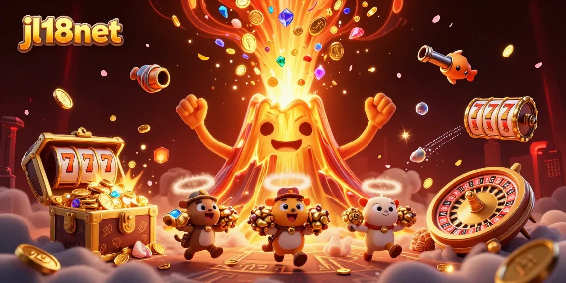 Win big with jl18net's exciting gaming scene featuring a victorious golden volcano and treasure-loaded adventures.