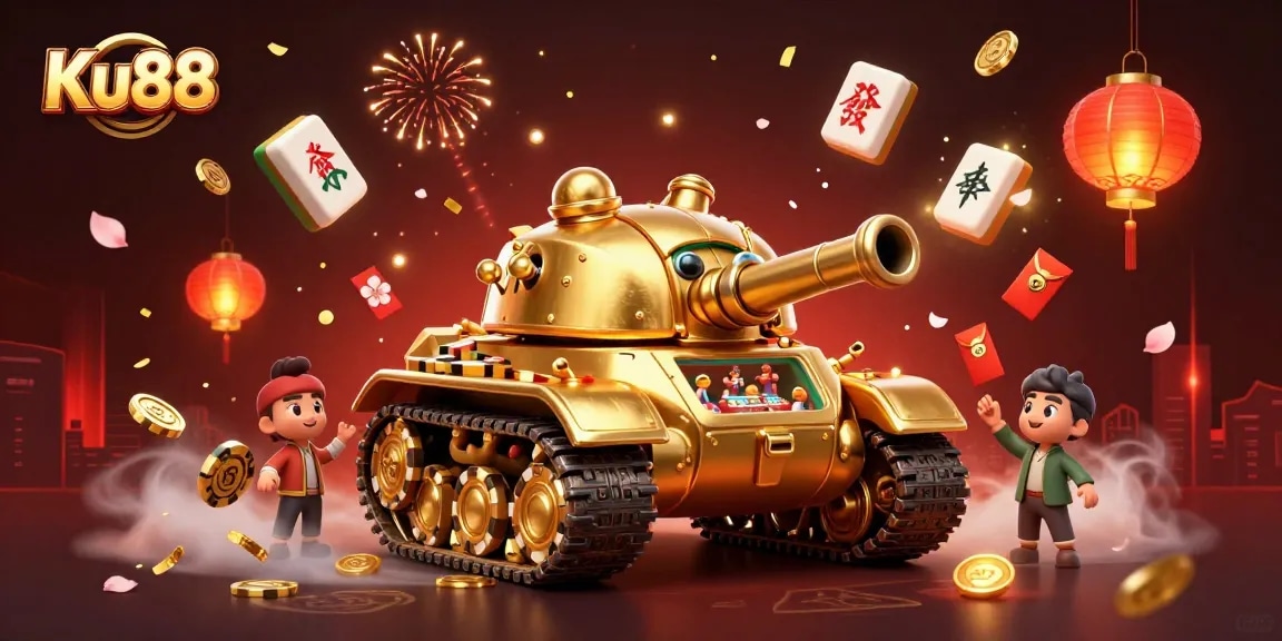 Engage in thrilling gameplay at Ku88 with a vibrant casino scene in a dynamic 3D illustration.