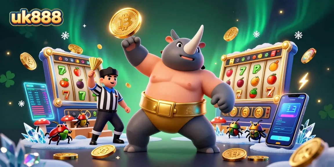 Experience thrilling gameplay at uk888 with a dynamic casino scene featuring a rhinoceros beetle sumo champion.