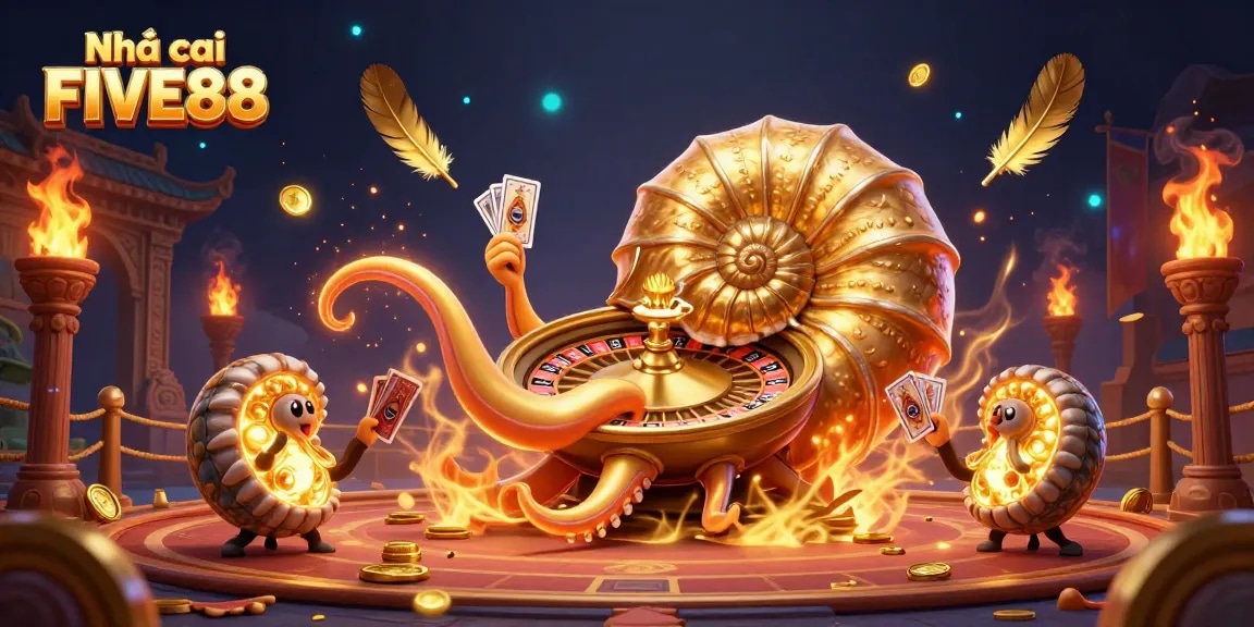 Experience the thrills of Nhà cái FIVE88 in this vivid casino battle scene with a giant nautilus.