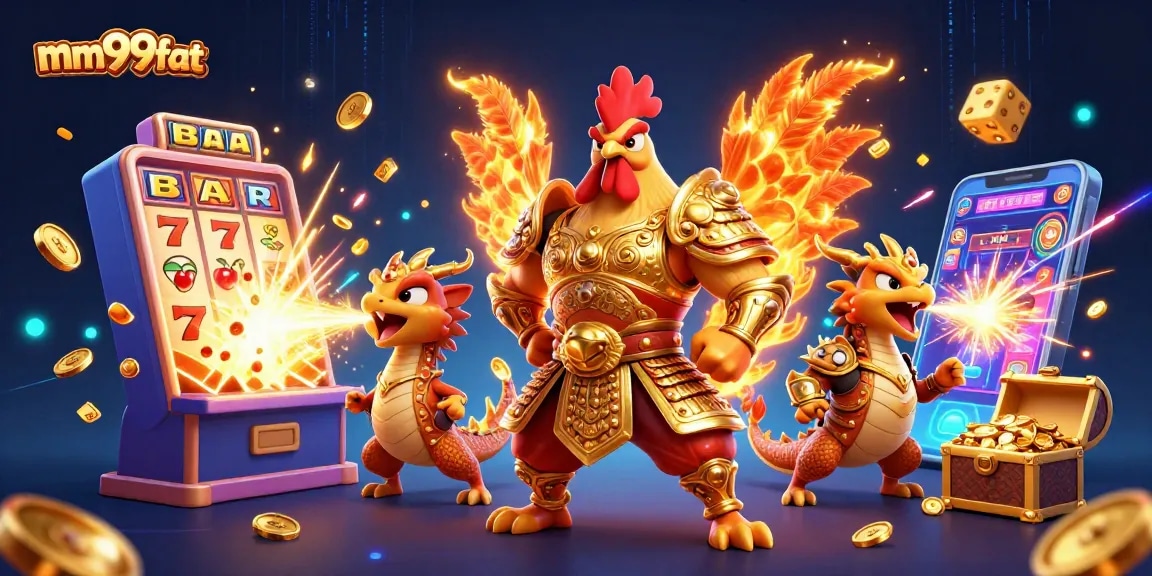Win big with mm99fat in this vibrant 3D illustration featuring exciting casino elements.