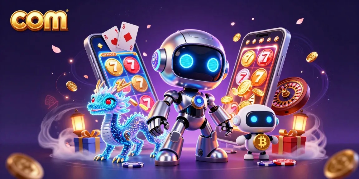 Experience thrilling com gaming with a cyberpunk twist featuring a 3D robot and holographic dragon.