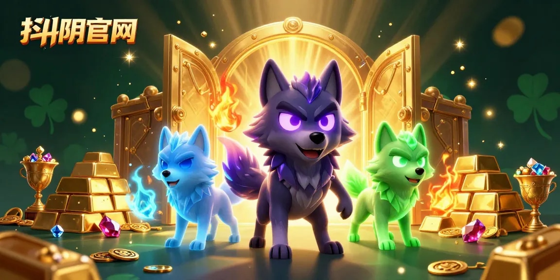 Experience exciting gaming adventures with 抖阴官网 in a vibrant, treasure-filled digital illustration.
