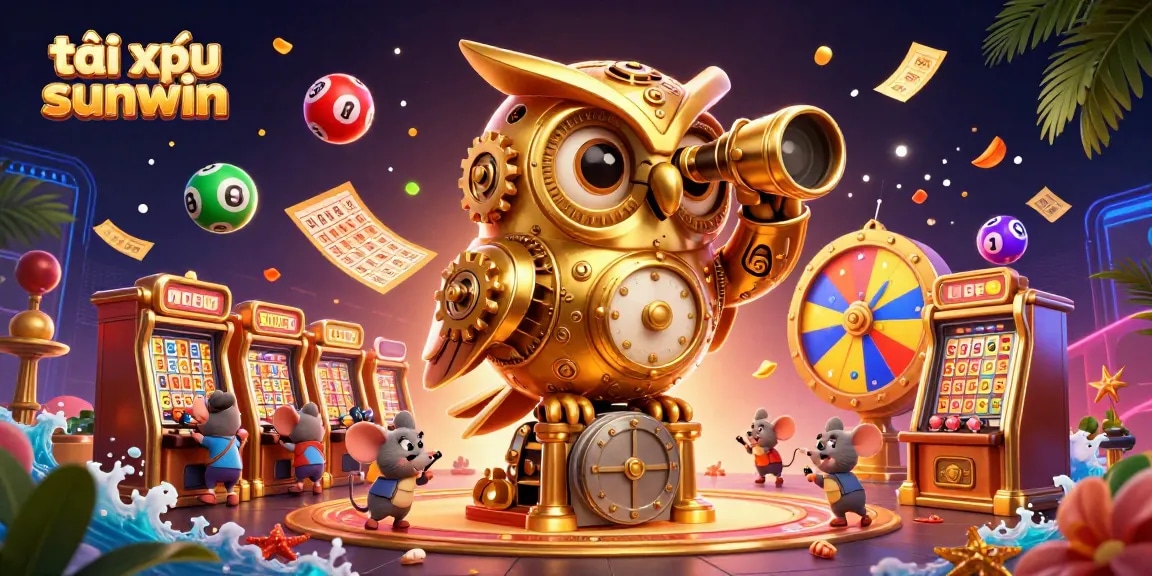 Engage in the vibrant world of tài xỉu sunwin, with dynamic game elements bursting around a golden owl and casino mice.
