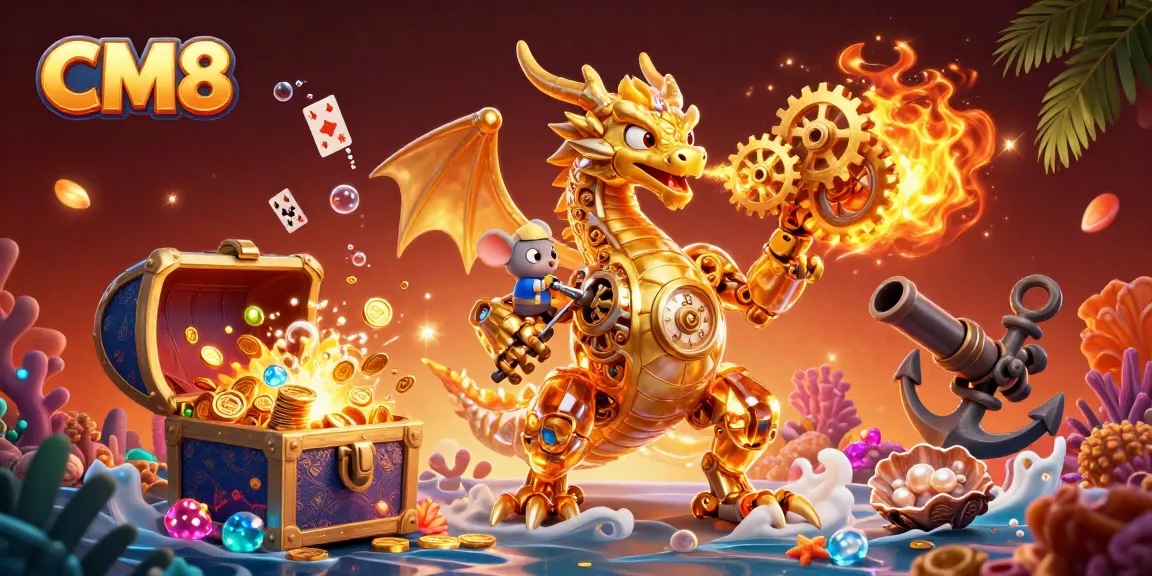 Engage with CM88's vibrant casino world featuring a golden dragon and treasure-filled adventure.