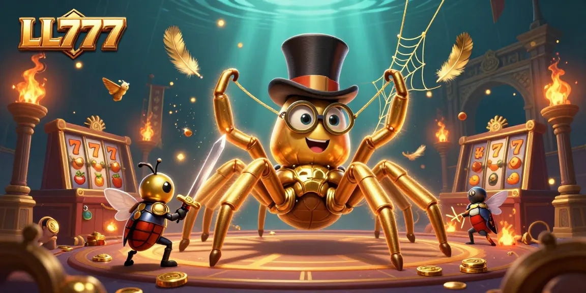 LL777 presents a thrilling scene with a golden tarantula and knight amid vibrant casino elements.
