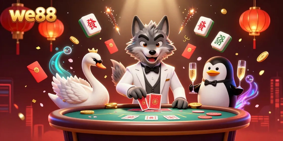 Experience the excitement of we88 with a vibrant 3D casino scene, featuring interactive game elements and characters.