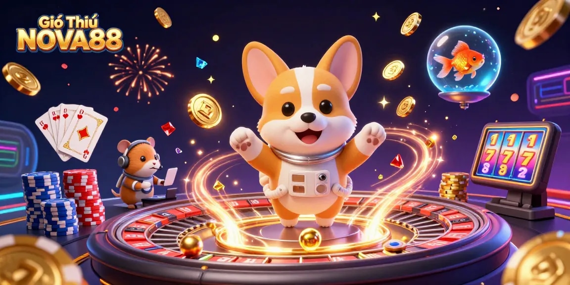 Giới Thiệu NOVA88 showcases a vibrant casino scene with an astronaut corgi in zero gravity, surrounded by lively game elements.
