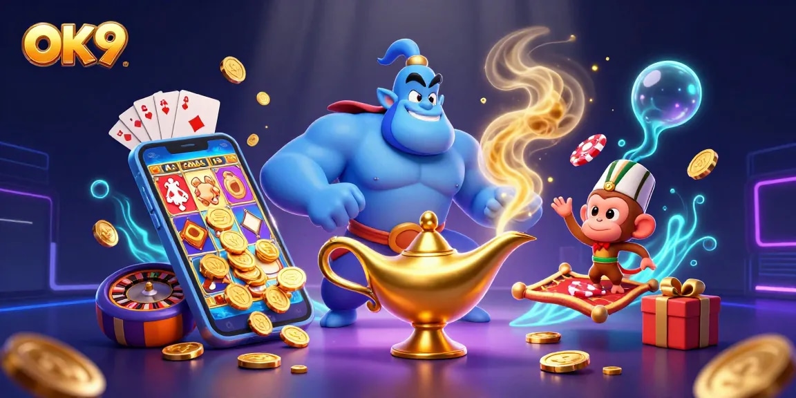 Experience engaging gameplay with OK9's vibrant casino scene, featuring a genie, monkey, and poker chips.
