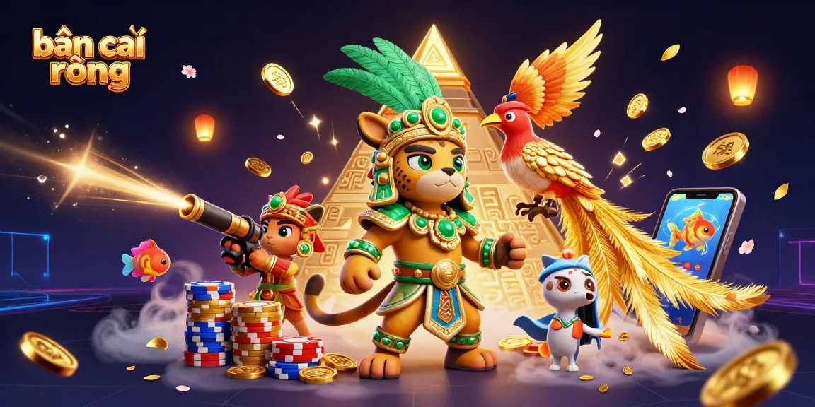 Bắn cá rồng dynamic scene depicting a Mayan jaguar priest and a quetzal bird amid vibrant casino elements.