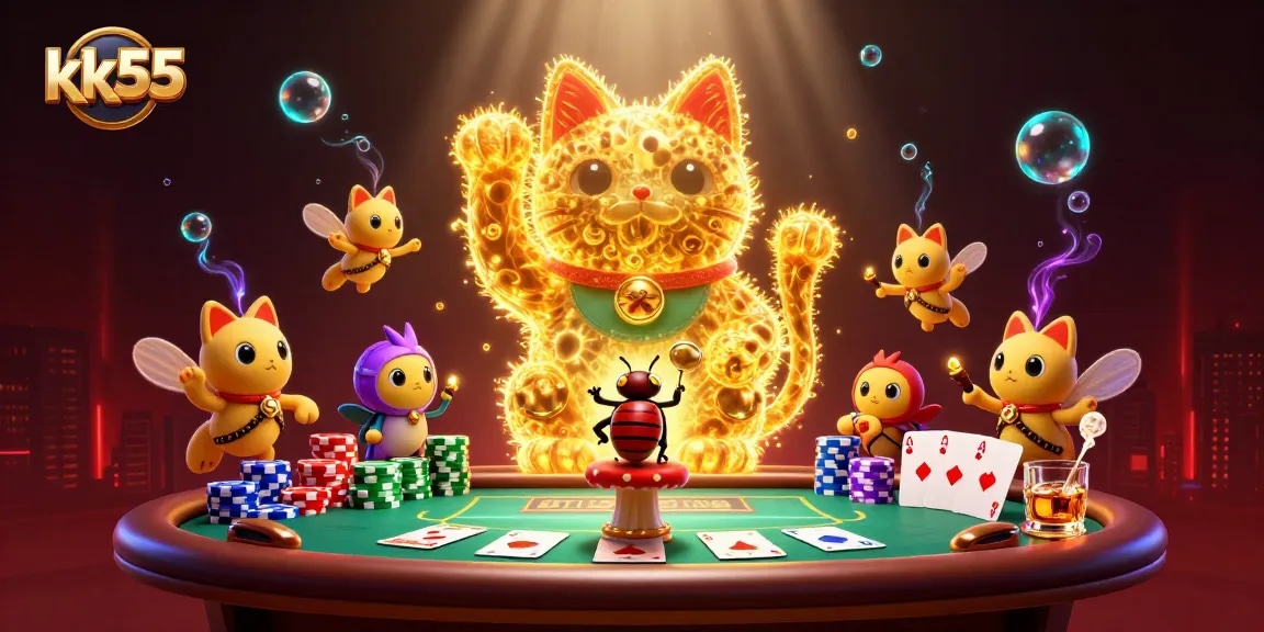 Engage with kk55's thrilling casino experience featuring a vibrant lucky cat and poker elements.