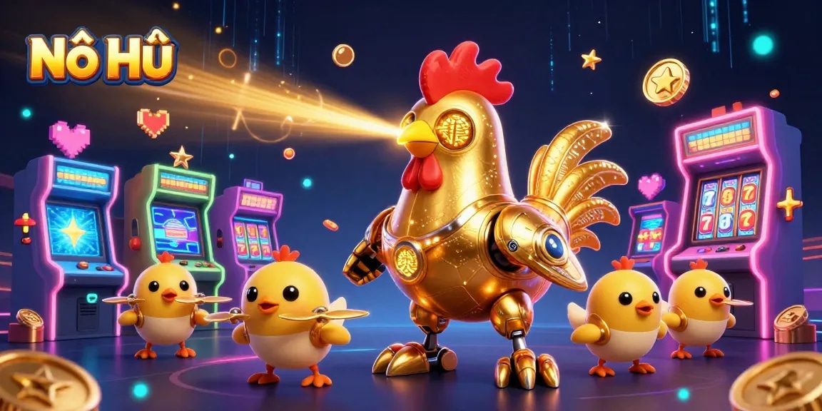 Nổ Hũ gameplay illustration featuring a golden rooster robot and baby chick drones amid vibrant casino elements.