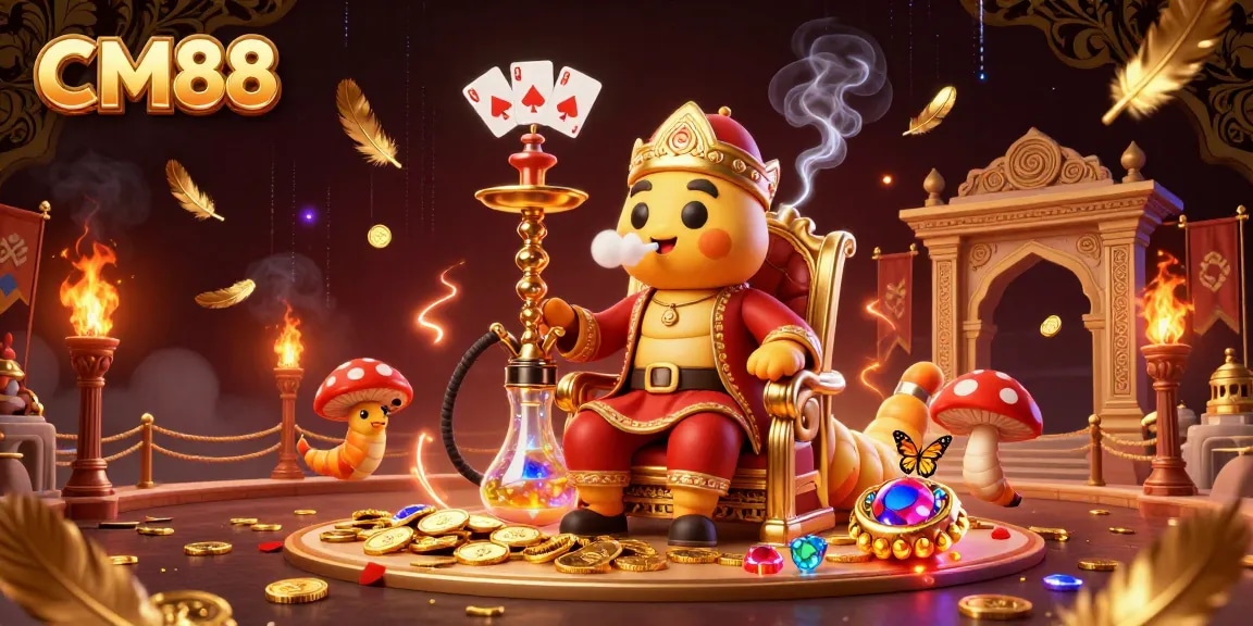 Experience the vibrant gameplay at CM88 with a 3D illustration showcasing a hookah-master and poker symbols.
