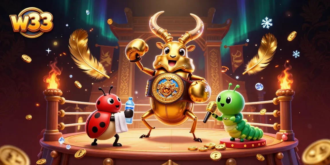 w33 casino scene showcasing a giant beetle champion, live betting elements, and vibrant gaming effects.