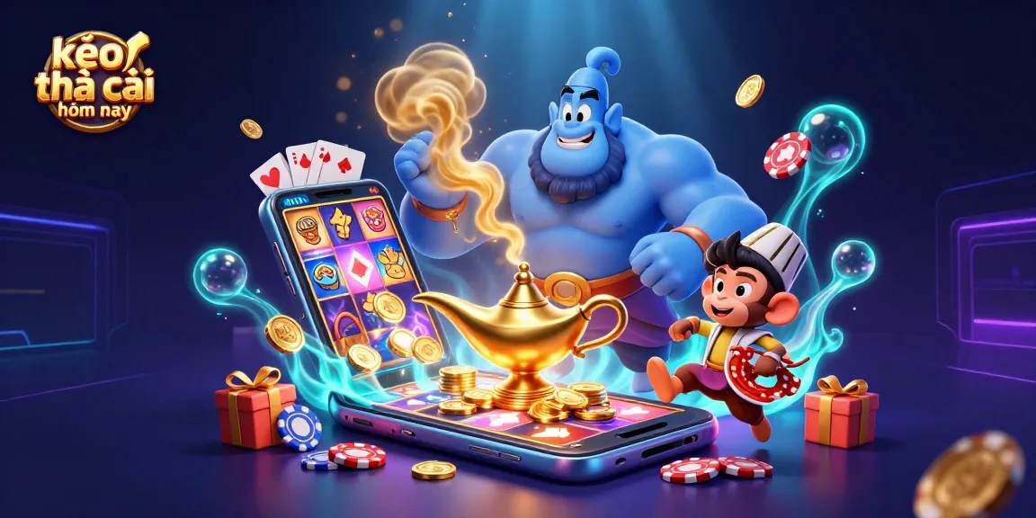 Engage with kèo nhà cái hôm nay in a vibrant magical casino scene featuring a blue genie and poker chips.