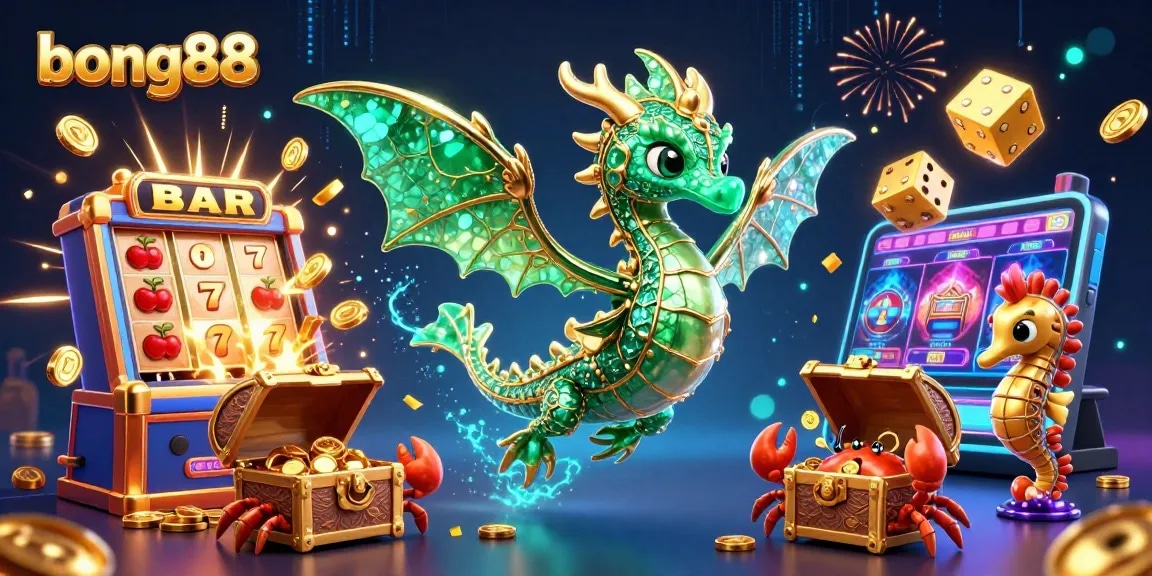 Engage with bong88's vibrant casino world featuring slot machines, dynamic characters, and treasures.