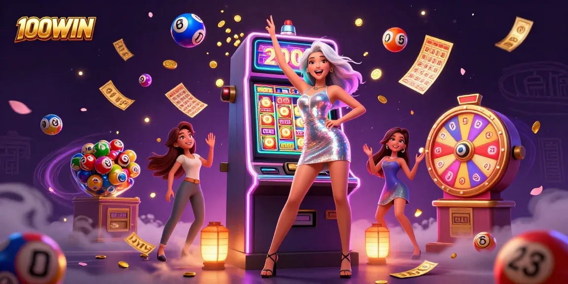 Experience big wins at 100WIN with a stunning casino scene featuring vibrant colors and exciting game elements.