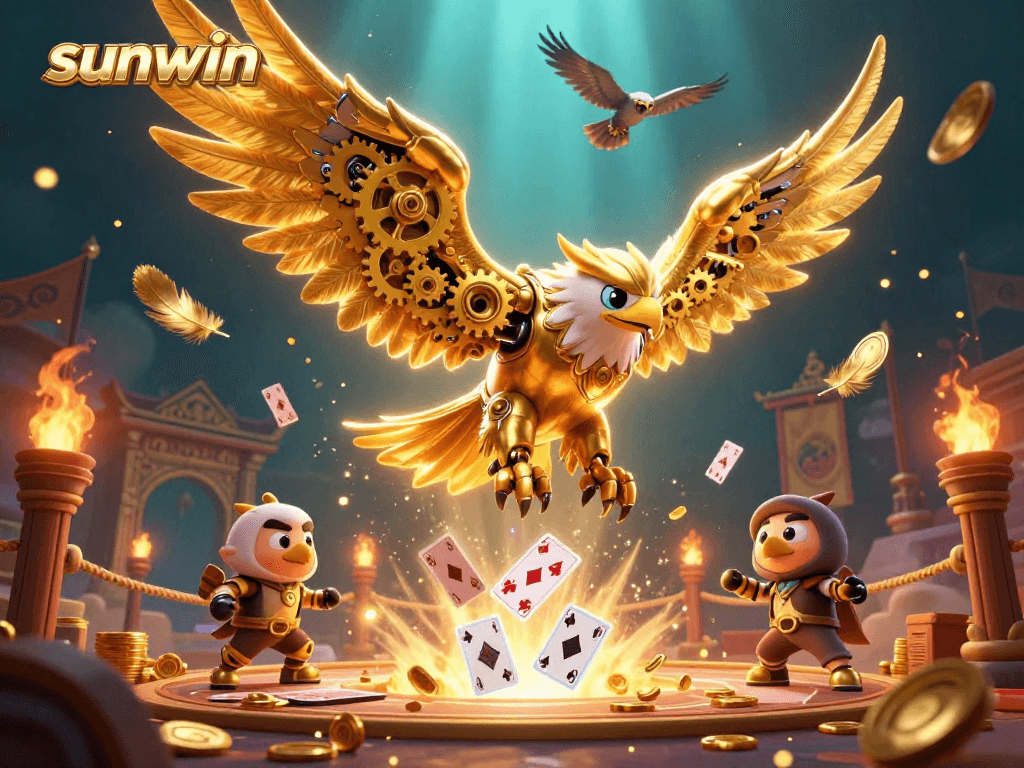 Experience the excitement of sunwin with a dynamic 3D illustration featuring cybernetic characters amidst a vibrant casino backdrop.