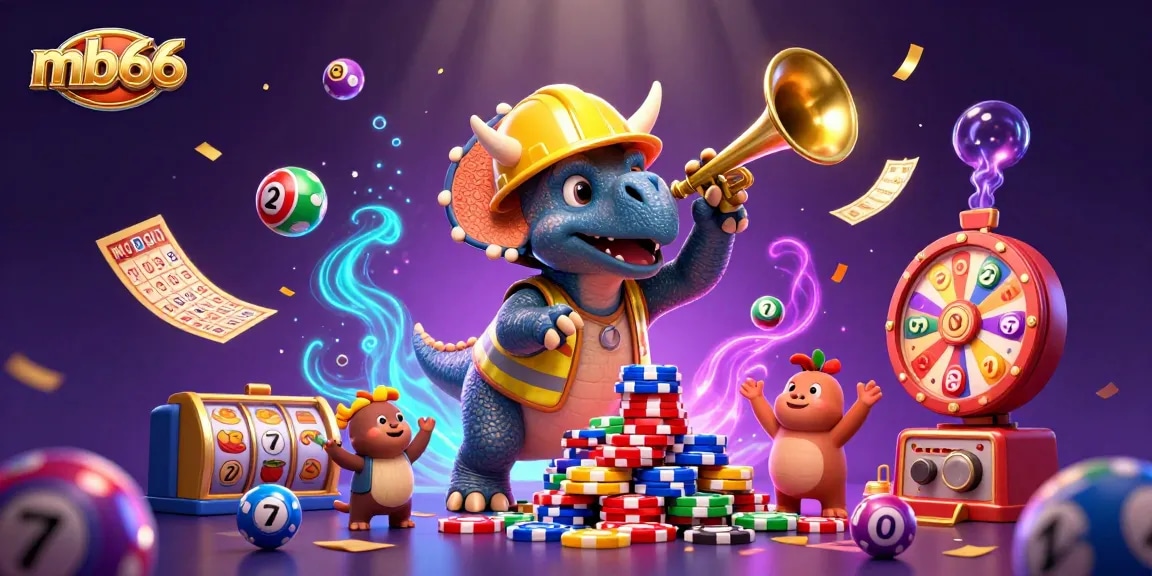 Celebrate mb66 with a vibrant casino scene featuring a triceratops building poker chips.