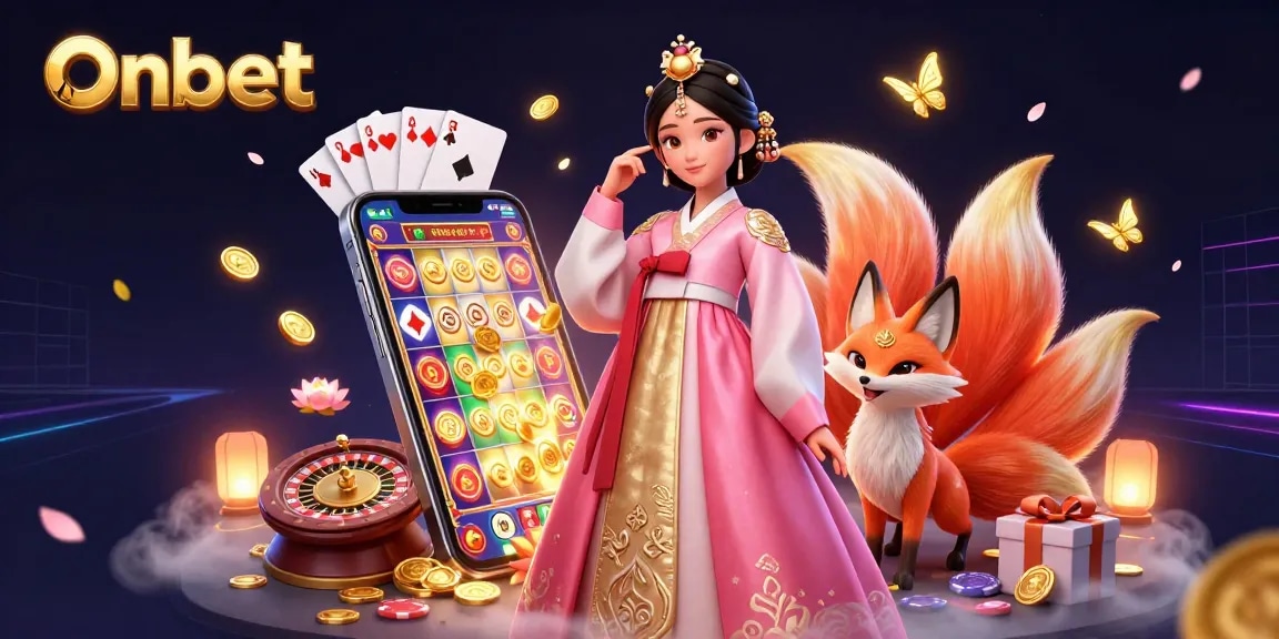 Engage in gaming adventures with Onbet, featuring an Asian woman and a lucky fox amid vibrant casino elements.