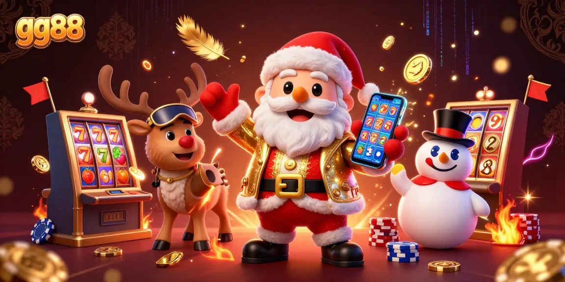 Spin the reels of gg88's jackpot slots with Santa and friends in a captivating casino scene.